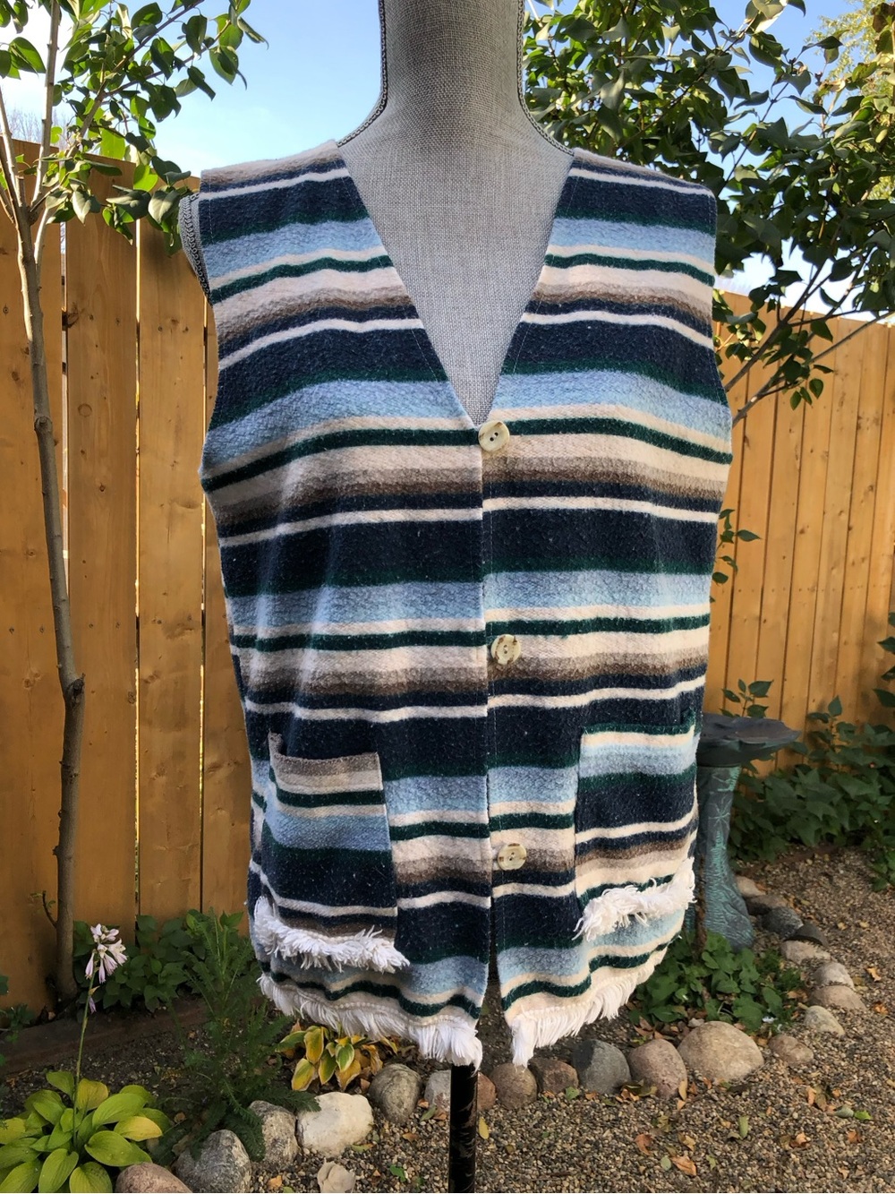Vintage Coastal Cowgirl Striped Fringe Button-Front Vest Y2K Surfer Tapestry